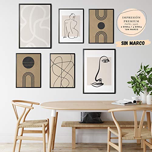 Láminas Decorativas para salón, Comedor, habitación, Dormitorio, Pasillo. Set de 6 Posters Modernos DIN A3 y DIN A4. Sin Marco. Arte Abstracto.