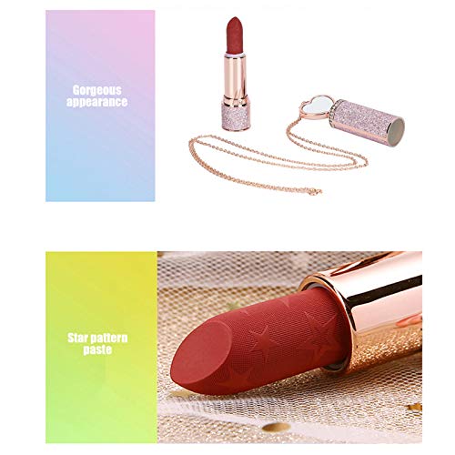 Lápiz labial Lápiz labial mate Lápiz labial de terciopelo para mujer, Lápiz labial impermeable con cadena de collar de espejo, Bálsamo cosmético Brillo labial rojo de larga duración Bálsamo hidratante