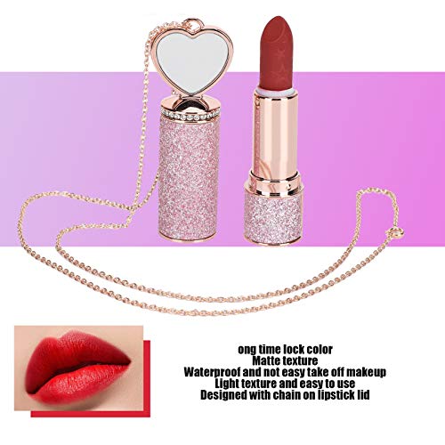 Lápiz labial Lápiz labial mate Lápiz labial de terciopelo para mujer, Lápiz labial impermeable con cadena de collar de espejo, Bálsamo cosmético Brillo labial rojo de larga duración Bálsamo hidratante