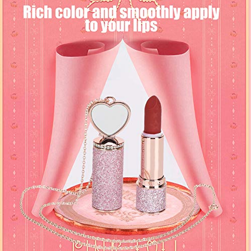 Lápiz labial Lápiz labial mate Lápiz labial de terciopelo para mujer, Lápiz labial impermeable con cadena de collar de espejo, Bálsamo cosmético Brillo labial rojo de larga duración Bálsamo hidratante