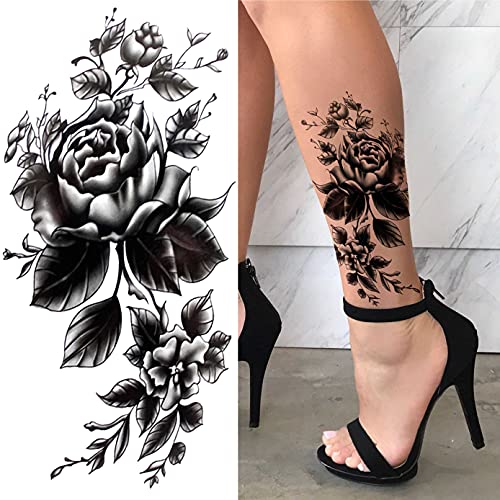 LAROI 8 Hojas Pétalo Vivo 3d Flor Rosa Adultos Tatuajes Temporales Mujer Impermeable Falso Cuerpo Arte Brazo Piernas Bosquejo Realista Negro Tatuaje Temporal Niñas Hombro Hojas Temp Tatuaje Pasta