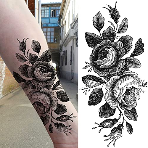 LAROI 8 Hojas Pétalo Vivo 3d Flor Rosa Adultos Tatuajes Temporales Mujer Impermeable Falso Cuerpo Arte Brazo Piernas Bosquejo Realista Negro Tatuaje Temporal Niñas Hombro Hojas Temp Tatuaje Pasta