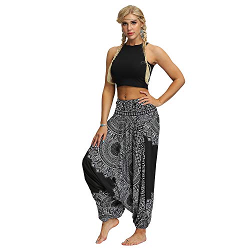 LATH.PIN Pantalones Harem para mujer, estilo bohemio, pantalones de turca, anchos, étnicos, estampados, tallas fuertes, para pilates, yoga, danza, playa Estilo 7 Talla única