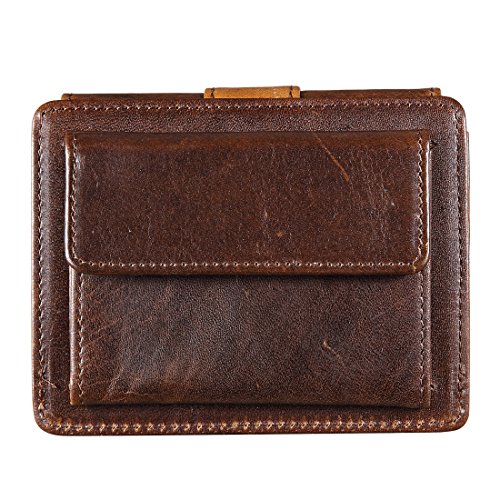 LENSUN Cartera Hombre Monedero de Cuero Genuino con RFID Bloqueo y Ranuras para Tarjetas | Mini Billetera Piel Hombre Slim | Caja de Regalo - Marrón Oscuro (QB-CK-DB)