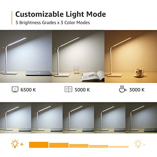 Lepro Lámpara de Escritorio Lámpara de Mesa LED, Flexo LED Escritorio 550LM 3 Colores y 5 Niveles de Brillo Regulable, Luz Mesa Cuidado de Ojos para Cama, Oficina, Leer, Estudiar, Relajamiento, Blanco