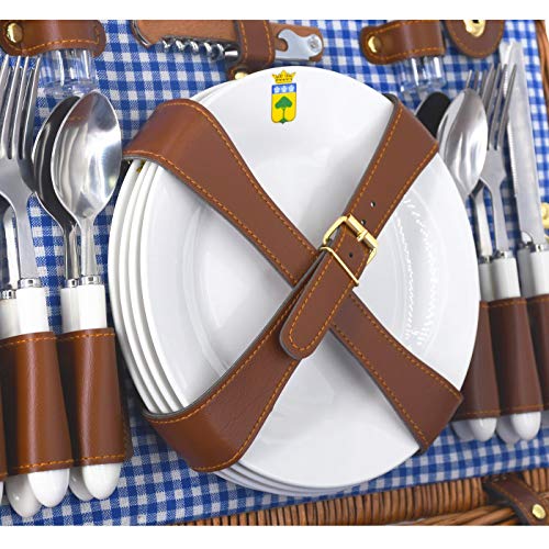 Les Jardins de la Comtesse – Cesta de picnic Marly tejido vichy azul – Completo 4 personas – Compartimento nevera isotérmico – Platos de cerámica y copas de vino de cristal – 46 x 31 x 20 cm