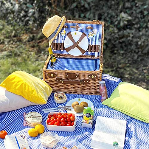 Les Jardins de la Comtesse – Cesta de picnic Marly tejido vichy azul – Completo 4 personas – Compartimento nevera isotérmico – Platos de cerámica y copas de vino de cristal – 46 x 31 x 20 cm