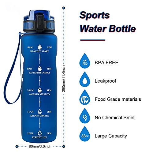 Leytn Botella Agua Deportes 1000ML, Botella de Agua Tritan Sin BPA Reutilizable con Filtro y Cepillo de Limpieza Marcador de Tiempo Botellas para Niños, Gimnasio, Yoga, Bicicletas - Azul Marino