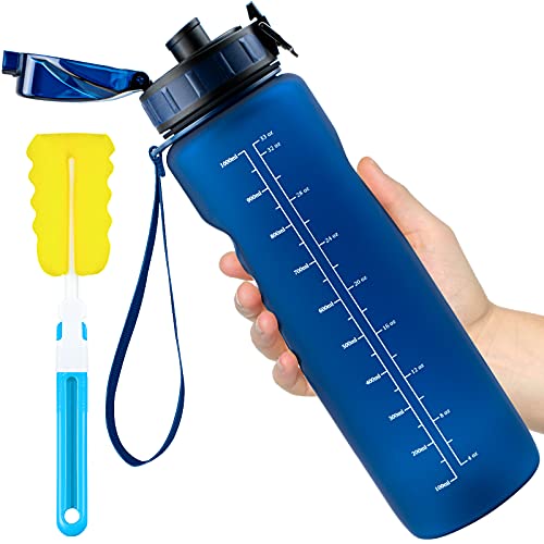 Leytn Botella Agua Deportes 1000ML, Botella de Agua Tritan Sin BPA Reutilizable con Filtro y Cepillo de Limpieza Marcador de Tiempo Botellas para Niños, Gimnasio, Yoga, Bicicletas - Azul Marino