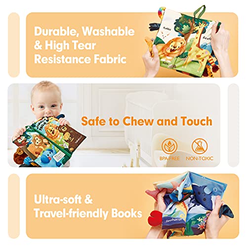 Libros Bebe Juguetes Bebes 0 3 6 12 18 Meses 2PCS Libros de Tela Blandos para Bebes Recien Nacido Niños Educativo Juguetes Niños 1 año, Animales Libro Sensorial Suave de Actividades para Bebé