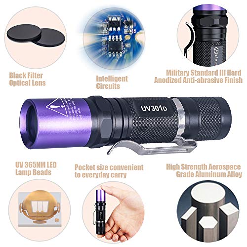 LIGHTFE - Linterna UV de 365 NM, luz Negra UV con Fuente LED LG UV, Lente de Filtro Negro, para Secado de Pegamento UV, Rocas y Brillo Mineral, Detector de orina de Mascotas, Detector de Fugas de CA