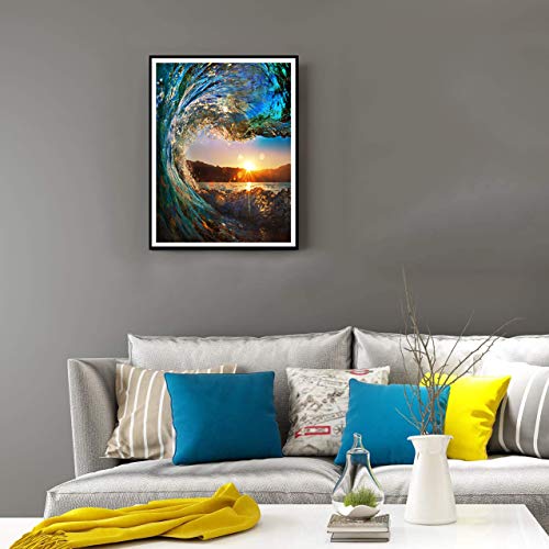 LIK DIY Pintura de Diamante 5D, 5D Diamond Painting Rhinestone Bordado de Punto de Cruz Lienzo Artes Manualidades Decoración de Pared del Hogar (Puesta de Sol de Ola Oceánica)