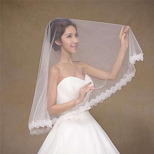 Lindhb Velo de Novia de Boda Encaje Mantilla Boda Nupcial Velo Rhinestone Blanco Marfil Apliques de Encaje Velo Head Wear Accesorio de Boda (Color : Ivory White, Size : 150 * 150cm)