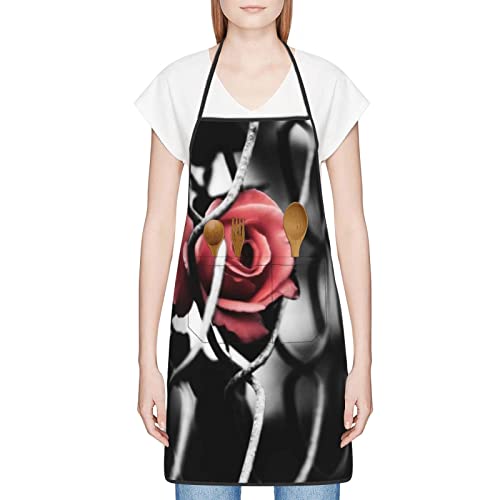 LINGF Delantal con estampado de rosas góticas, delantales de cocina, babero impermeable con 2 bolsillos, delantal de cocina unisex