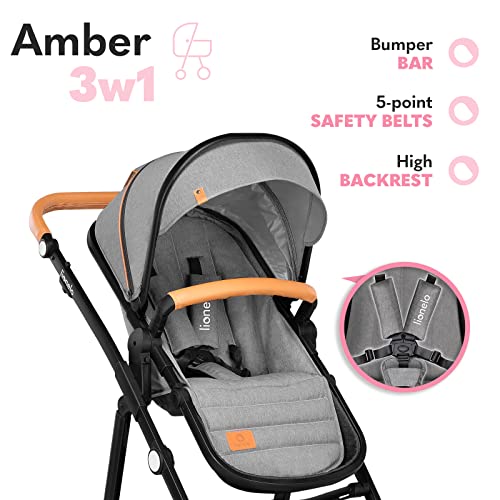 LIONELO Amber Coche de bebé multifuncional 3 en 1 Conjunto silla de paseo con el Asiento de Cubo e Capazo Manillar regulable Bolsa Mosquitero Protector de lluvia Asiento de coche (Gris)