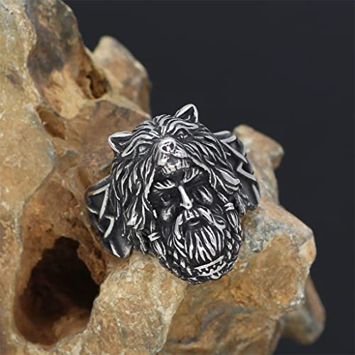 LMCLJJ Mito NóRdico Odin Lobo Acero Inoxidable Anillo, Hombres Mujer Vikingo Guerrero TóTem de Fenrir MáScara Casco Amuleto Vintage Anillos, JoyeríA Hecha a Mano de Banda Punk,11