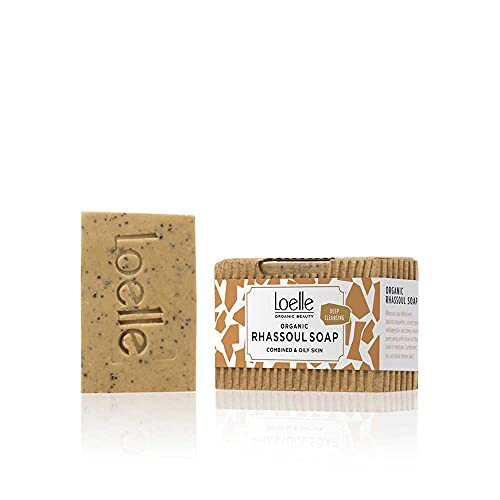 Loelle - Jabón de Arcilla Rhassoul Natural Hecha a Mano - Barra de Jabones Sólidos para Cara y Cuerpo, Ideal para Pieles Grasas y Mixtas - Productos Orgánicos de Belleza Hechos en Marruecos (75g)