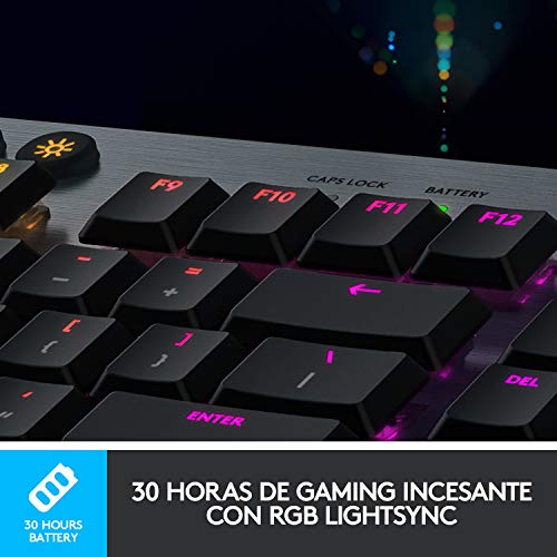 Logitech G915 LIGHTSPEED Teclado Gaming Mecánico Inalámbrico con teclas GL-Táctil de bajo perfil, LIGHTSYNC RGB, Diseño ultra delgado, 30 horas de duración de la batería, Disposición QWERTY ES - Negro