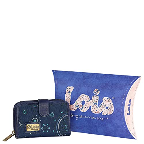 Lois - Cartera de Mujer Pequeña con Bordados y Motivos Mandala de Marca LOIS. Nylon y Cuero Vegano PU con Cierre Cremallera y Botón. Protección Antiescaneo RFID 304414, Color Marino