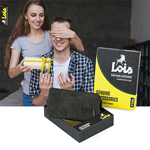 Lois - Monedero Hombre de Cuero Piel Genuina Pequeño de Marca LOIS. Llavero de Piel. Monedas Llaves Billetes Tarjetas DNI. Protección Seguridad Antiescaneo RFID. 202802, Color Antracita