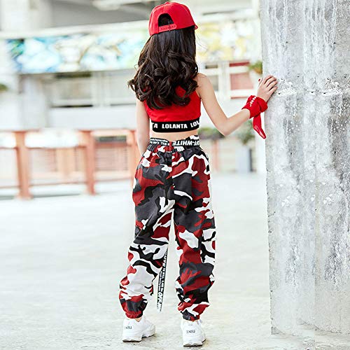 LOLANTA 2 Piezas Niñas Hip Hop Street Dance Solo Ropa Set Crop Tank Top+Camuflaje Jogger Pantalones, Rojo, 160