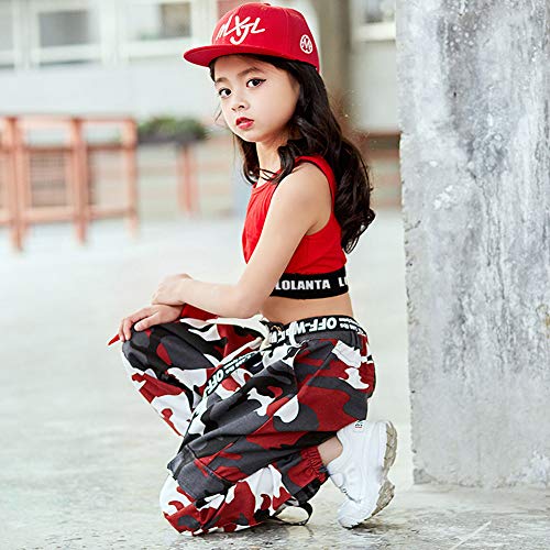 LOLANTA 2 Piezas Niñas Hip Hop Street Dance Solo Ropa Set Crop Tank Top+Camuflaje Jogger Pantalones, Rojo, 160