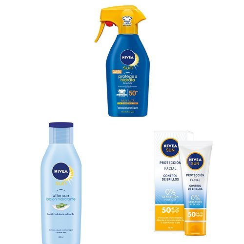 Lote Nivea Sun: Spray Solar Hidratante FP50 300 ml + Loción After Sun 400 ml + Crema Solar Facial Control de Brillos FP50 50 ml