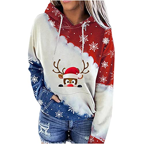 Luckycat Reno Navidad Jersey Rojo Mujer Suéteres Navideños Para Mujer Otoño Invierno Casual Manga Larga Estampado Pulóver Tops Empalme Cordón con Capucha Blusa de Talla Grande