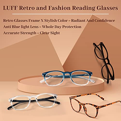 LUFF Anti Luz Azul Gafas de Lectura Hombre Mujer - Moda Claro Gafas de Computadora Ligeras Para Elegante Optics Presbyopic Filtro Antideslumbrante con Bisagra de Resorte Duradero 4PACK