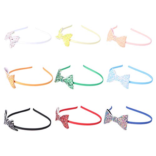 Lurrose 9pcs Glitter Bow Diadema grande colorido lentejuelas bowknot pelo aro con dientes para niñas (Color aleatorio)