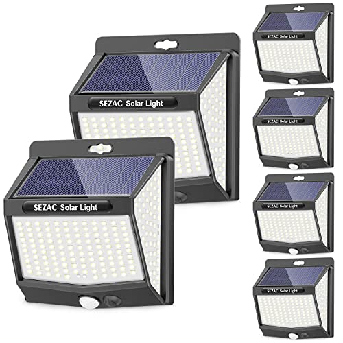 Luz Solar Exterior [6 Paquete/3 Modes] SEZAC 270° Súper Brillante Focos Led Exterior Solares con Sensor de Movimiento, IP65 Luces Solares Led Exterior para Jardin, Garajes, Caminos, Puertas Delanteras