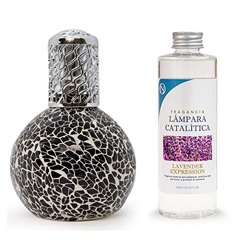 M MAMA MANUELA Pack Lámpara Catalítica y Fragancia. Modelo Mosaico Negra - perfuma y sanea el Ambiente. Elimina Malos olores e impurezas del Aire - MamaManuela (Aroma Lavender Expression - 200ml)