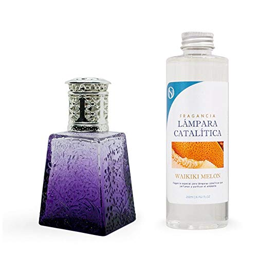 M MAMA MANUELA Pack Lámpara Catalítica y Fragancia. Modelo Purple - perfuma y sanea el Ambiente. Elimina Malos olores e impurezas del Aire - MamaManuela (Aroma Waikiki Melon - 200ml)