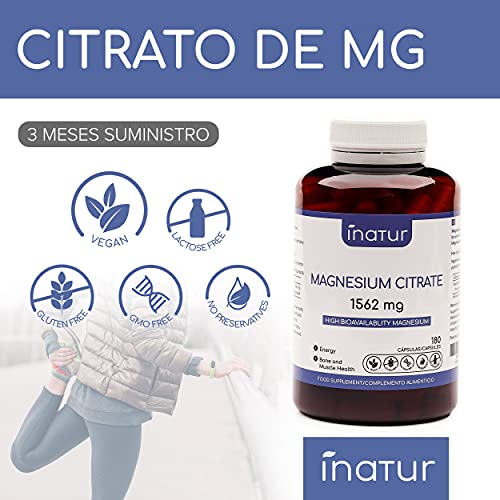 Magnesio 1.562 mg – 180 Capsulas | Inatur | Citrato de Magnesio de Alta Biodisponibilidad | Suministro 3 meses | Energía | Salud de músculos y huesos | 100% Natural