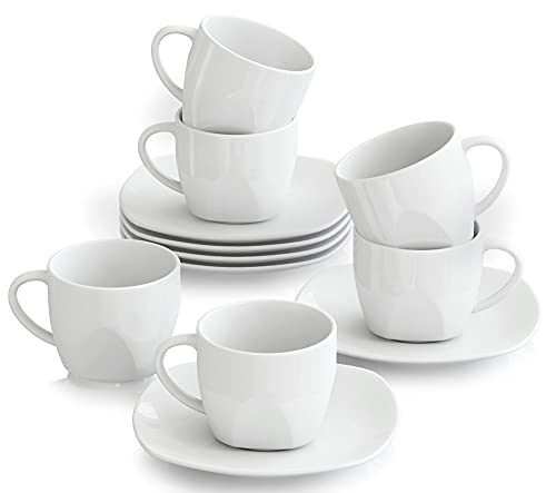 MALACASA, Series Elisa, 12 Piezas Juegos de Cafe de Porcelana 6 Tazas y 6 Platillos servicios de cafe para 6 Personas