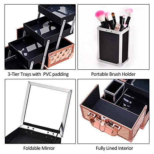 Maletin Maquillaje Estuche Maquillaje Neceser Caja Maquillaje Cosméticos de Viaje Beauty Case Profesional Maletin Manicura Joyero con Soporte de Cepillo Extraíble y Espejo 25 x 18 x 23.5CM, Oro Rosa