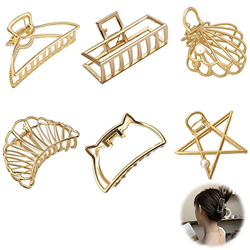 Mandíbula de Pelo Antideslizante Clips de Pelo de Agarre de Metal Pinza de Pelo Dorada Garra de Pelo Grueso de Mujeres Clips de Garra de Pelo Pinzas Pelo Mujer para Mujeres Damas Niñas 6 Piezas