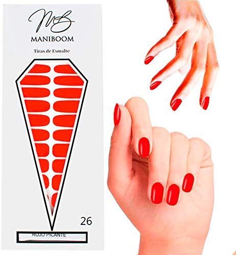 ManiBoom 26 Tiras de Uñas - Pegatinas Decorativas Para Uñas Semipermanentes - Calcomanías Nail Polish Autoadhesivas - Nails Stickers Adhesivos de Esmalte(Rojo Picante - Rojo Bermellón)