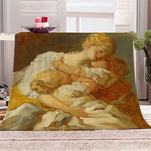 Manta Estampada Franela 3D, Suave Y Mullida Manta CáLida para Adultos Y NiñOs, para Cama, Sofá, Sala De Estar, Pintura Famosa Fragonard Beso De Madre 150×200 cm