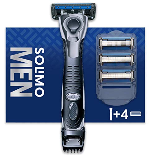 Marca Amazon - Solimo Maquinilla de afeitar de 5 hojas para hombre con recortador 3 en 1 y 4 recambios