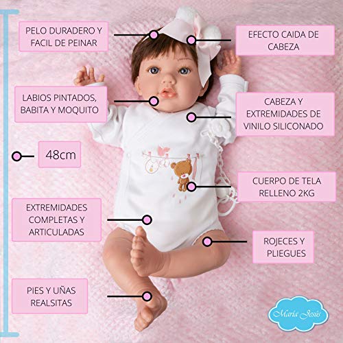 MARÍA JESÚS Bebe Reborn Silicona Muñecos Reborn con Decorado con rojeces y Pliegues, 2kg de Peso y Efecto caída Cabeza, Muñecas Reborn de Vinilo Siliconado, Muñecas para niñas Hechas en España