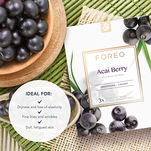 Mascarilla facial FOREO Acai Berry para piel seca y envejecida, pack de 3, fórmula hidratante, revitalizante y antioxidante, no testada en animales y compatible con los dispositivos UFO