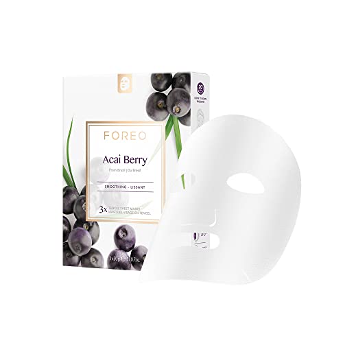 Mascarilla facial FOREO Acai Berry para piel seca y envejecida, pack de 3, fórmula hidratante, revitalizante y antioxidante, no testada en animales y compatible con los dispositivos UFO