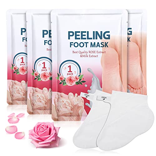 Mascarilla Pies Exfoliante de Rosa Leche 4Pcs, Exfoliante Pies, Calcetines Exfoliantes de Pies, Elimina La Piel Muerta y Los Callos, Repara La Piel Seca, Restaurar Los Pies Tiernos