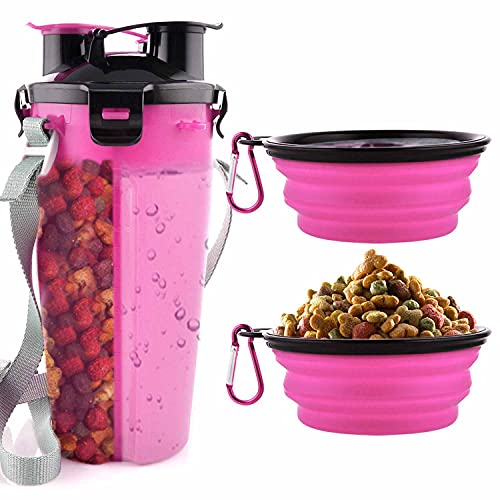 MATT SAGA Botella de Agua para Perros Portatil Envase de Comida para Perros con 2 Plegable Tazones para Perros Gatos Mascotas Adecuado para al Aire Libre Caminar Viajar (Rosa)