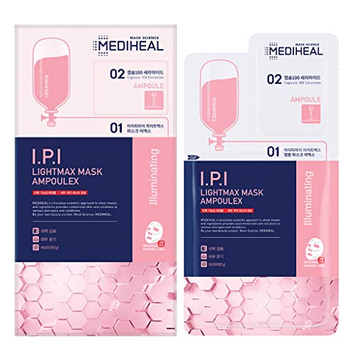 Mediheal IPI Lightmax Máscara Ampoulex, paquete de 10, mascarilla de hoja de 2 pasos con ceramida, hoja de mascarilla facial de ampolla para luminosidad de la piel, limpieza de poros e hidratación