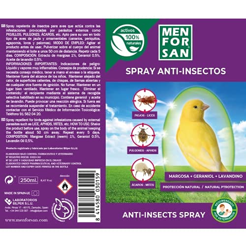 MENFORSAN Spray Anti-Insectos con Margosa, Geraniol y Lavandino para Aves, Protege a tu pájaro de Cualquier Insecto, 250ml