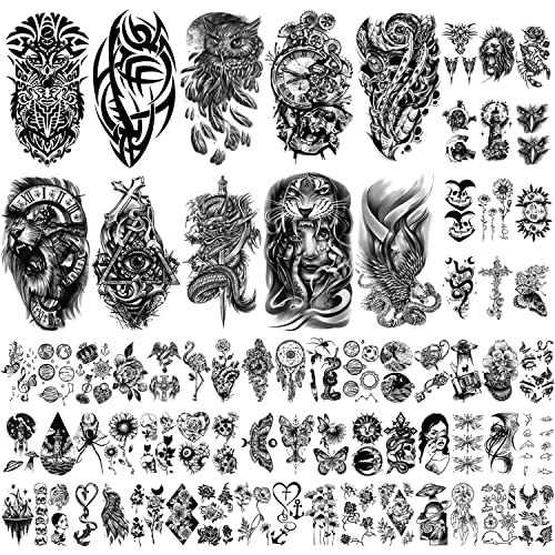 Metuu 70 hojas de gran cantidad de pegatinas de tatuaje temporal realistas para hombres, mujeres niños niñas medio brazo búho águila serpiente reloj leó, planeta dragón tótem tatuaje