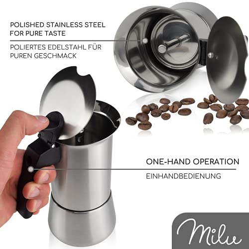 Milu Cafetera Italiana inducción| 2, 4, 6, 9 Tazas | Cafetera Moka de Acero Inox, Expresso Maker - Set comprensivo di sottobicchiere, cucchiaio, spazzola (6 tazze da 300 ml)