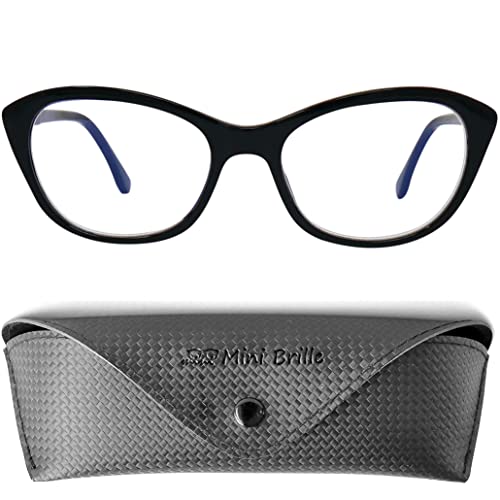 Mini Brille Gafas con Filtro de Luz Azul de Ojos de Gato, Funda GRATIS, Montura de Plástico (Negra), Cat Eye Gafas de Lectura Mujer +1.5 Dioptrías